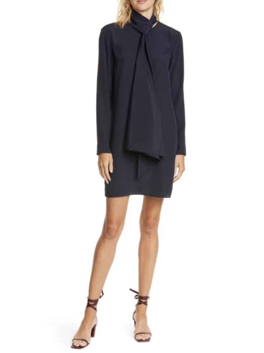 100% Silk Tibi Navy Scarf-Neck Long-Sleeve Shift Dress